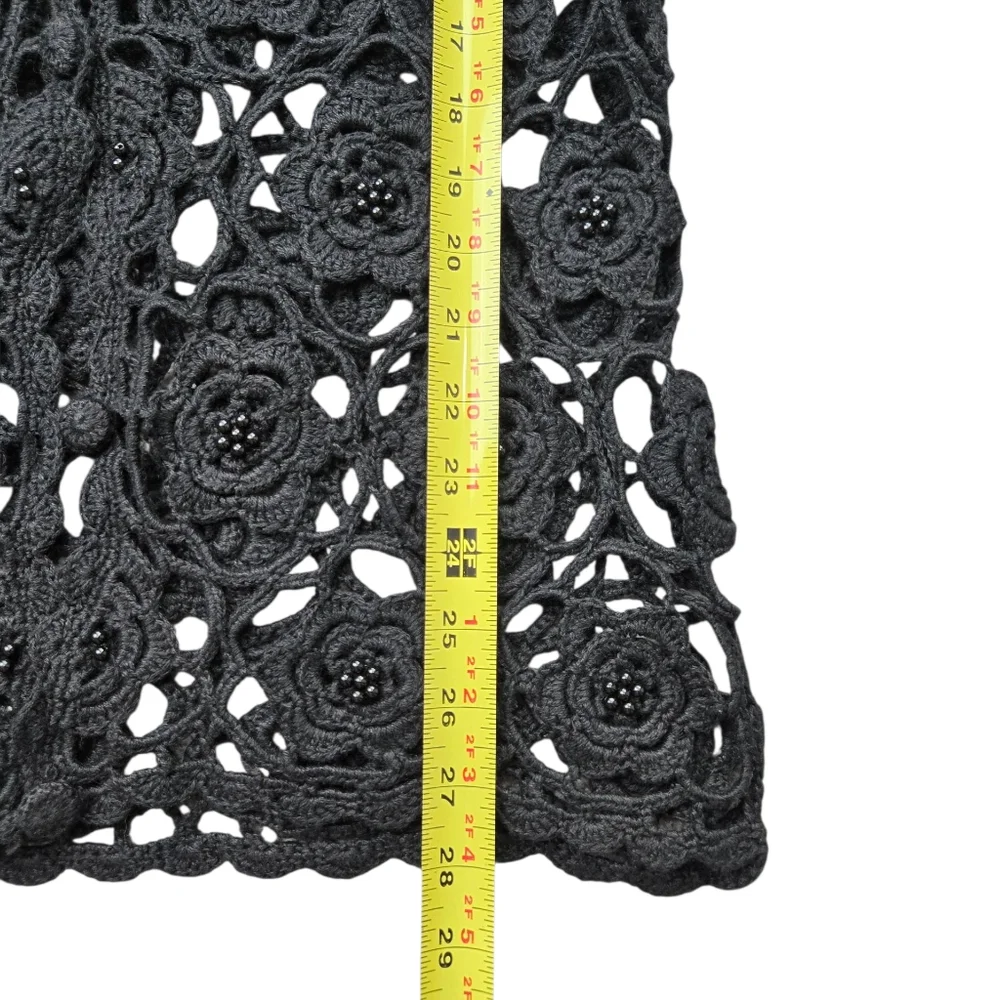 Vintage Crochet Beaded Black Vest Floral Handmade Cotton M L - Picture 6 of 7